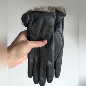 Black Leather Gloves with Real Fur Trim Fully Fur Lined Small Narrow Brand New
